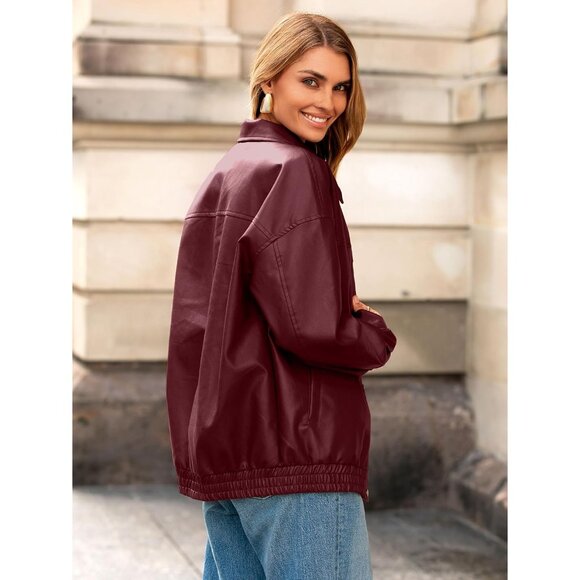 Womens Oversized Faux Leather Jacket Button Down Moto Bomber Winter Coat - Picture 4 of 6